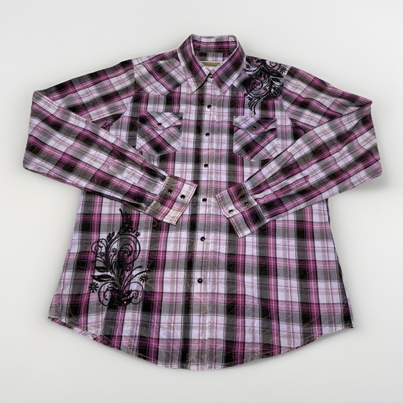 Shyanne Tops - Shyanne Womens Pearl Snap Shirt Size XL‎ Western Embroidered Rodeo Purple Plaid
